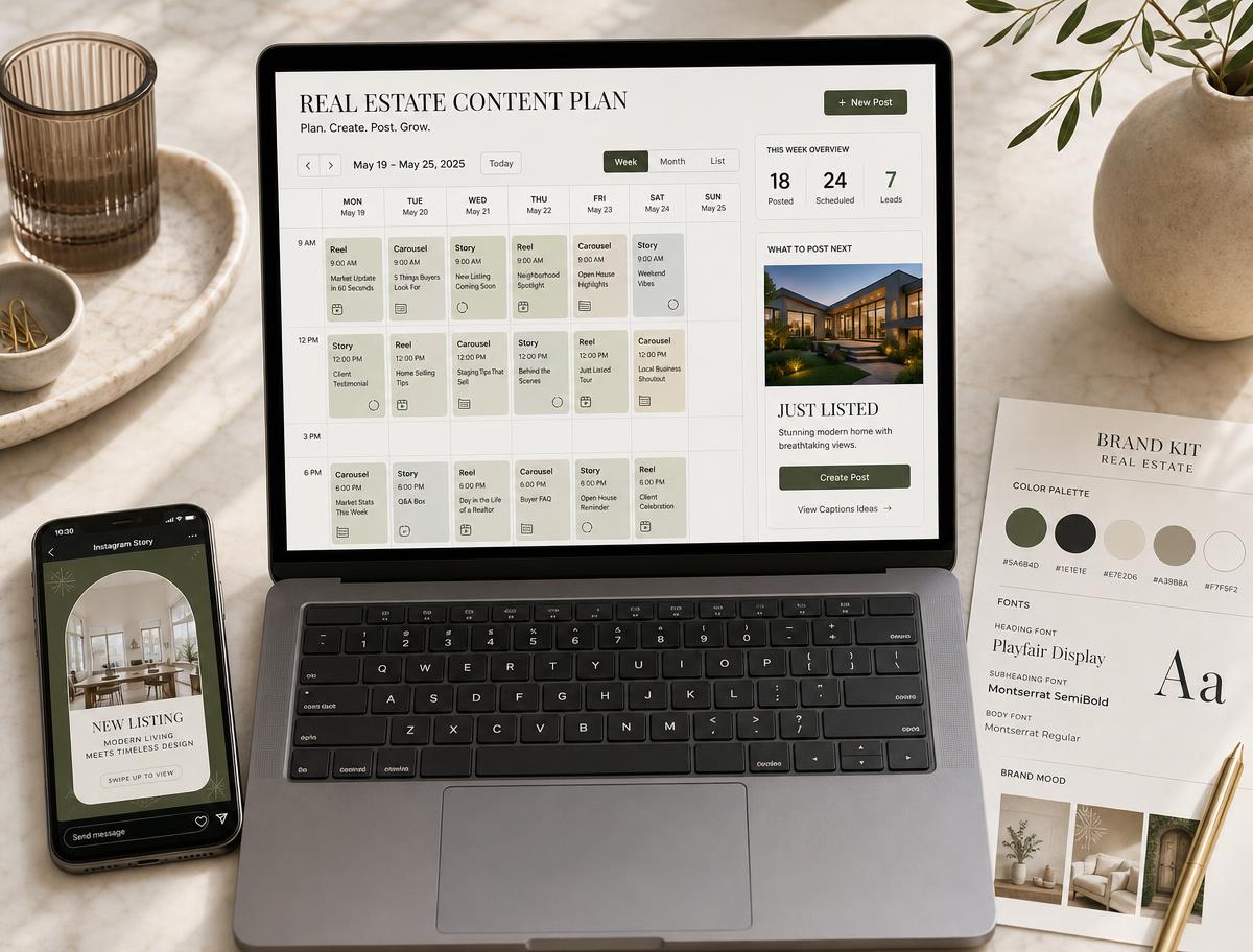 Laptop showing a real estate content planning dashboard with a weekly post schedule and stats